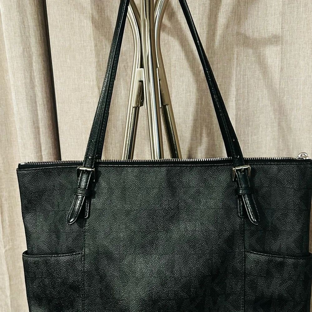 Michael Kors Black Tote Bag with MK logo throughout bag. - Picture 2 of 16